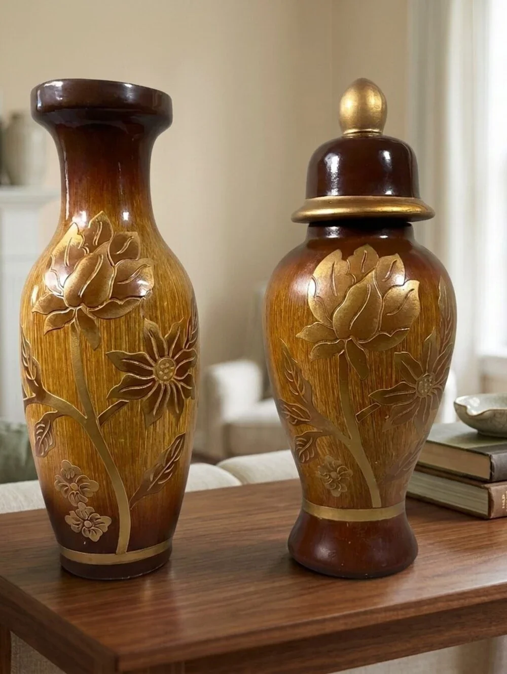 Vintage Floral Woodgrain Vase and Lidded Ginger Jar Set
